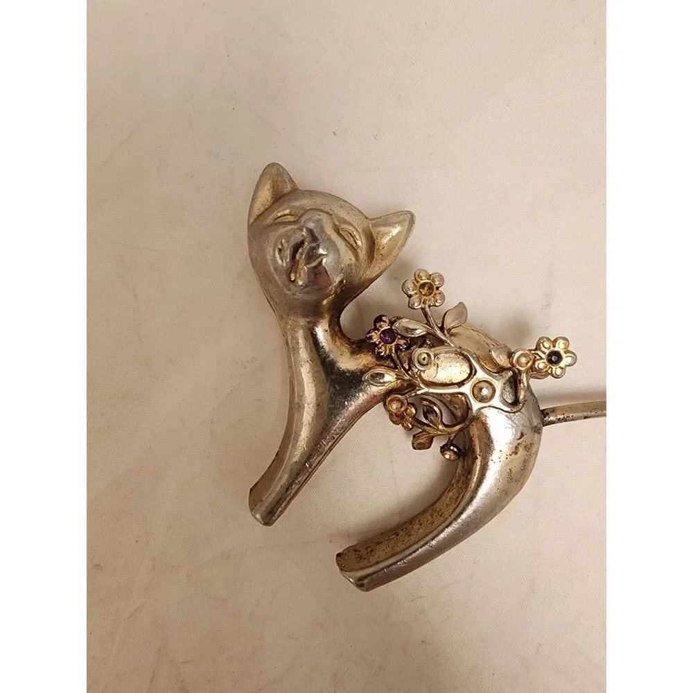 #7671 Cat Cork Screw Bottle Opener with Gold tone Flowers 4.5 inches